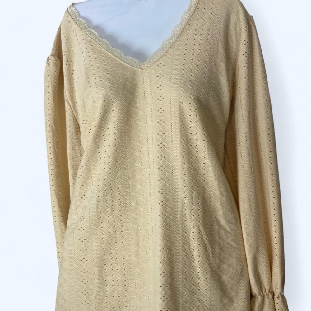 Lace-Trim V-Neck Eyelet Tunic Top in Cream XL